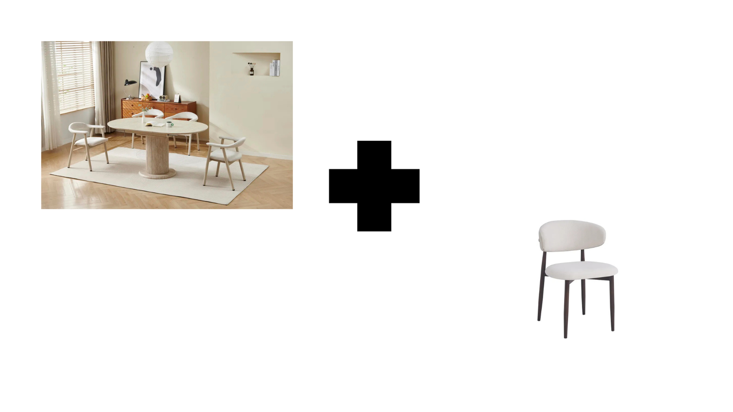 Lot table extensible Sofia travertin + chaises Lucile effet noyer