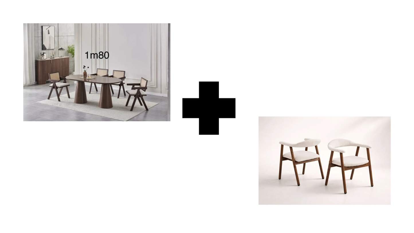 Lot table à manger Iconic 180x90cm effet bois noyer + chaises Berita effet noyer