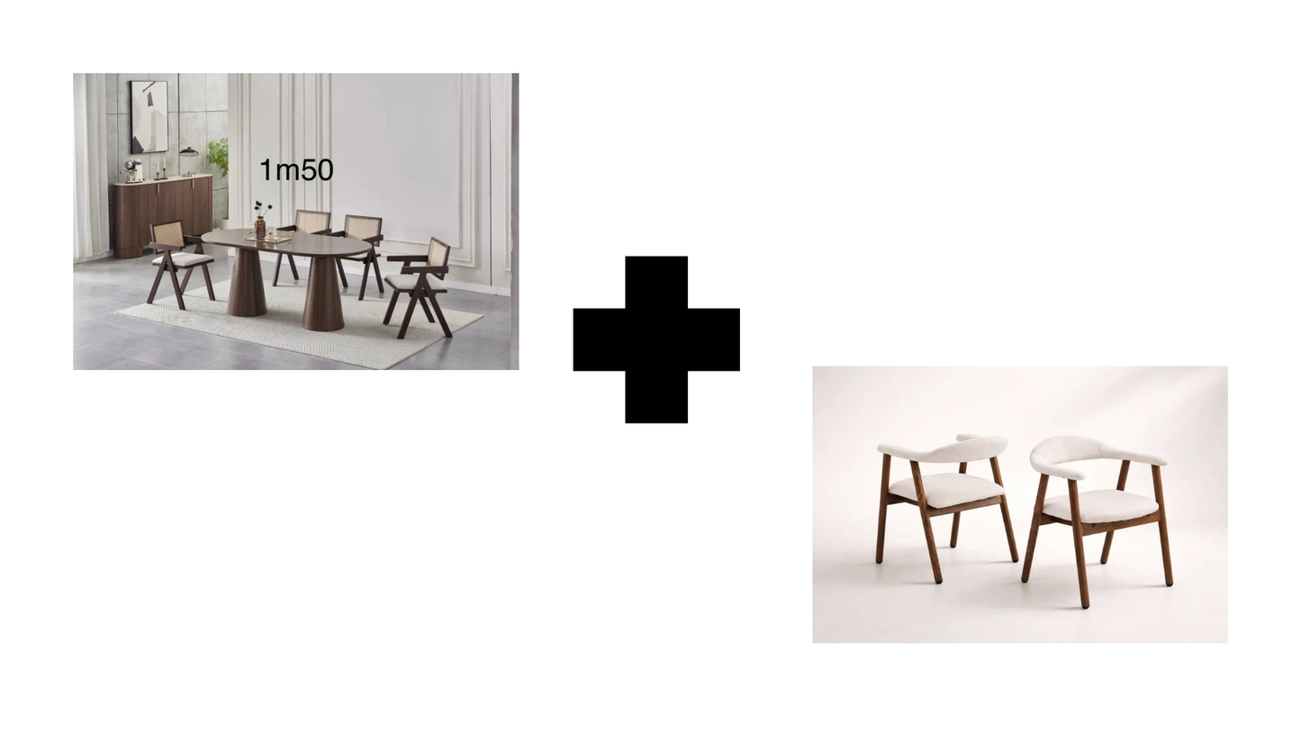Lot table à manger Iconic 150x90cm effet bois noyer + chaises Berita effet noyer