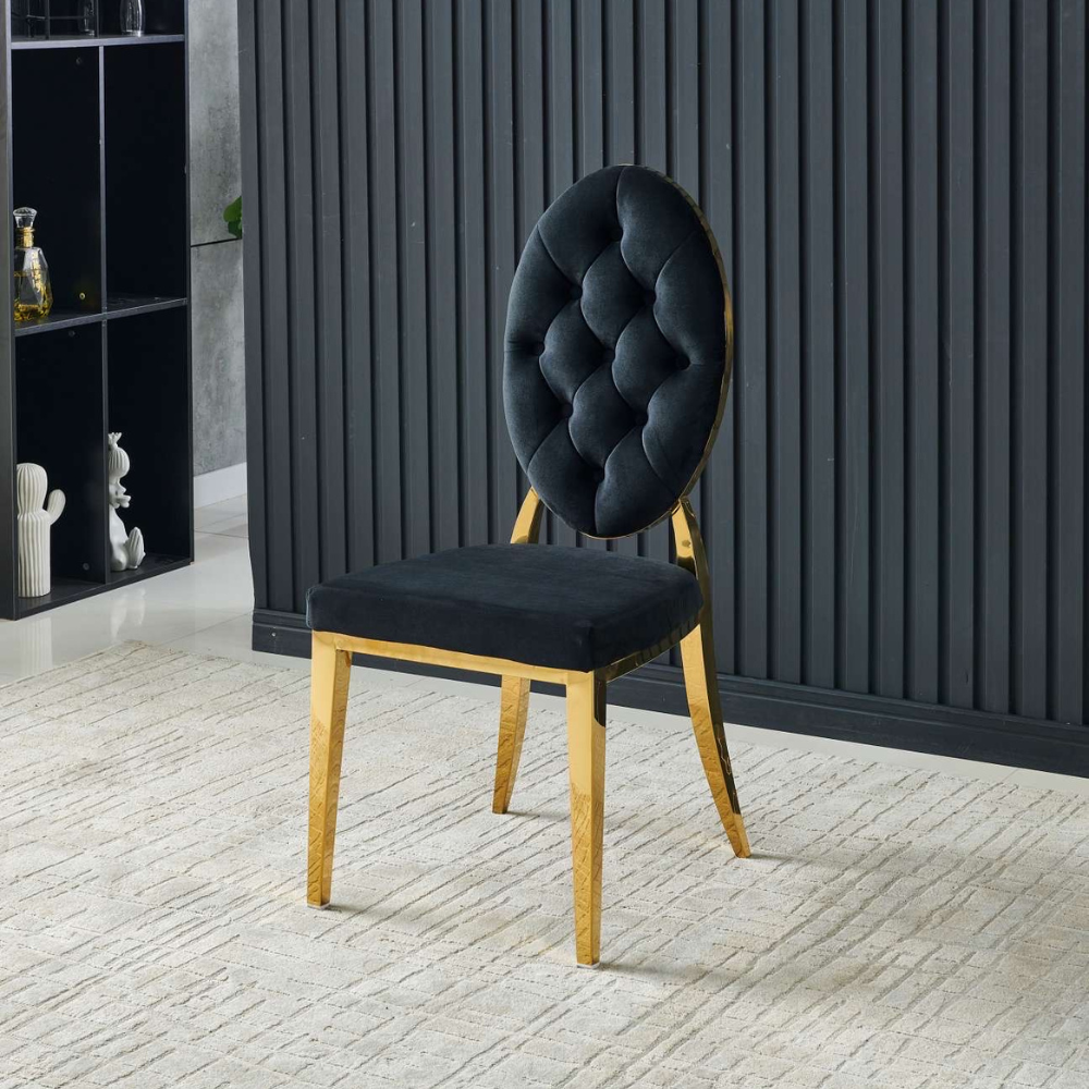 Chaise Ova Or velours noir Style Médaillon Capitonné