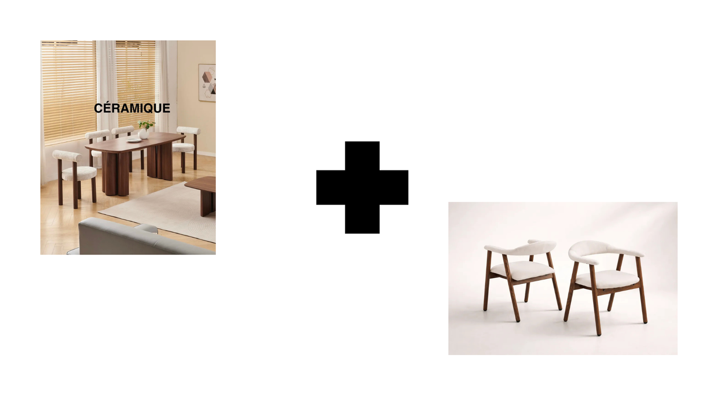 Lot table à manger Trinity effet noyer + chaises Berita effet noyer