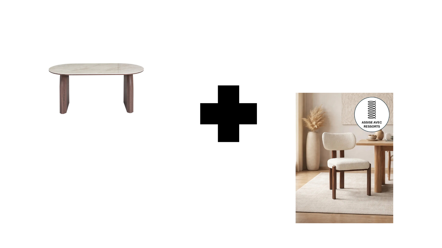Lot table à manger Fluide + chaises Hera effet noyer