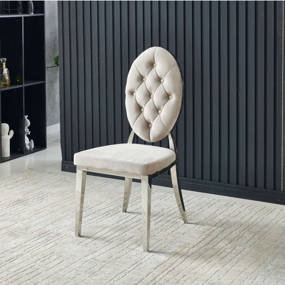 Chaise Ova Argent velours taupe Style Médaillon Capitonné
