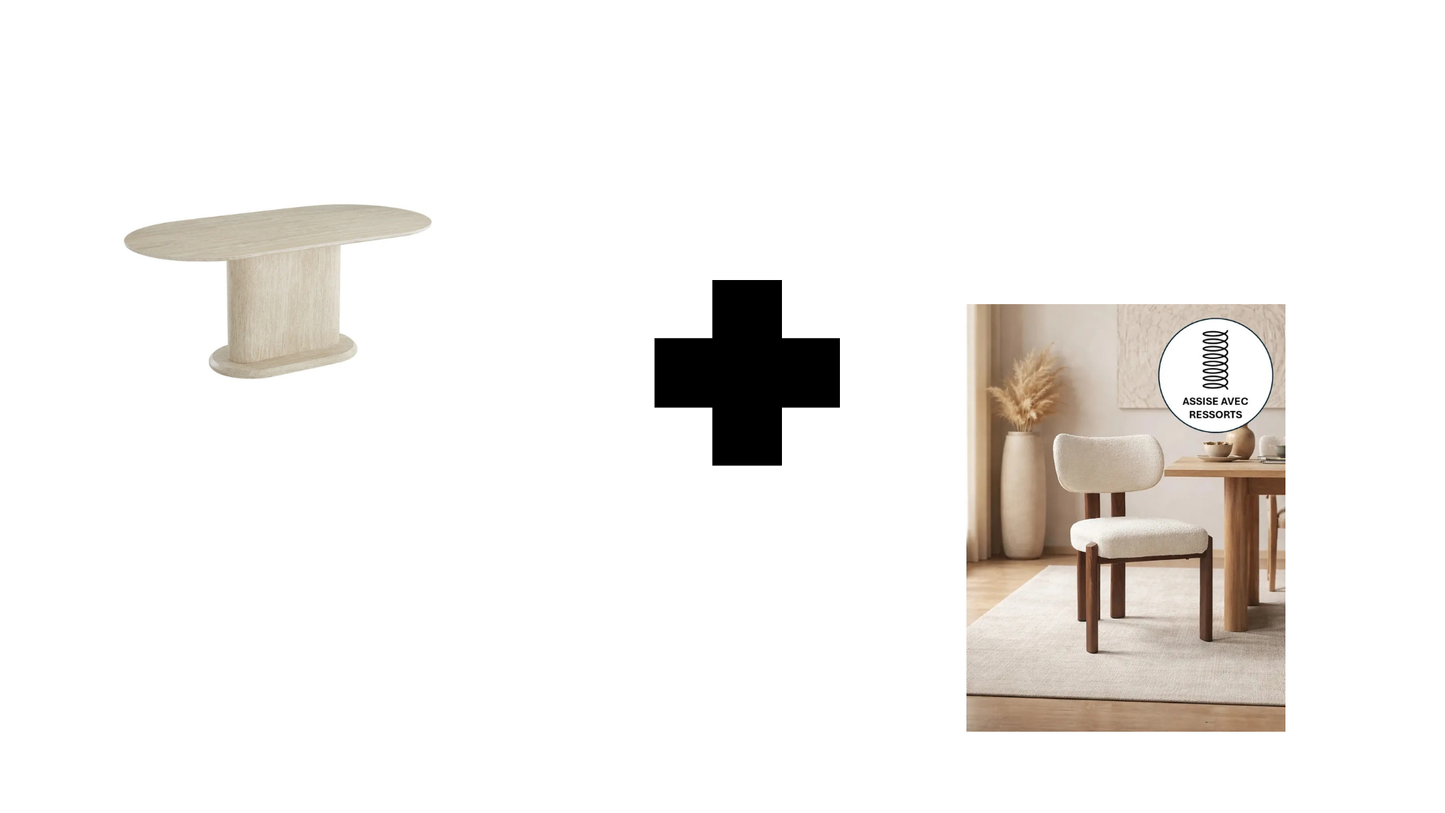 Lot table à manger Loka travertin+ chaises Hera effet noyer