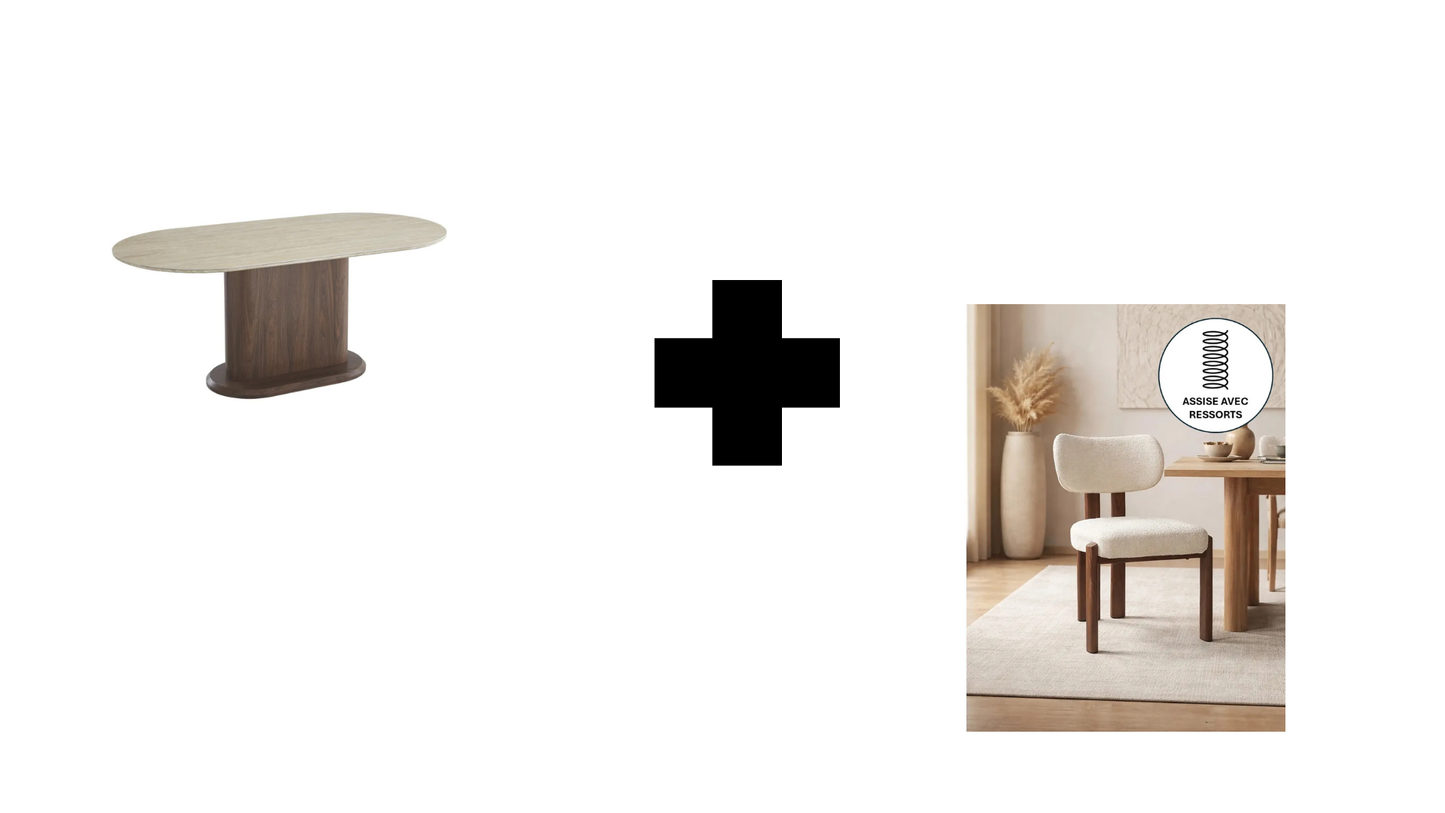 Lot table à manger Loka travertin/ noyer + chaises Hera effet noyer