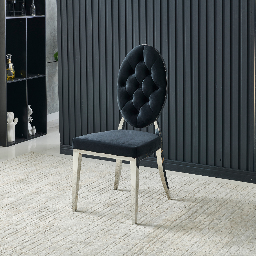 Chaise Ova Argent velours noir Style Médaillon Capitonné