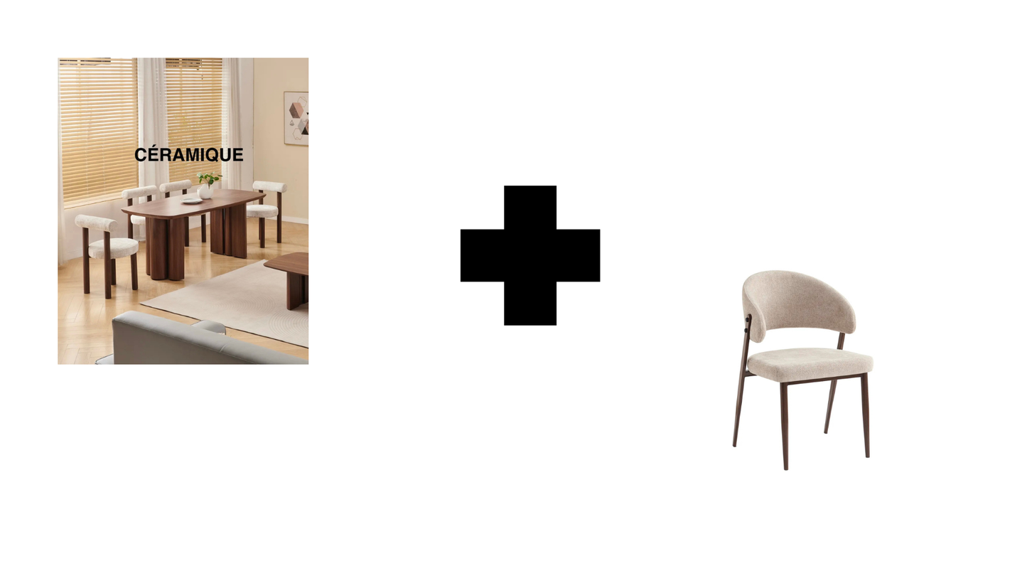 Lot table à manger Trinity travertin+ chaises Lamia effet noyer