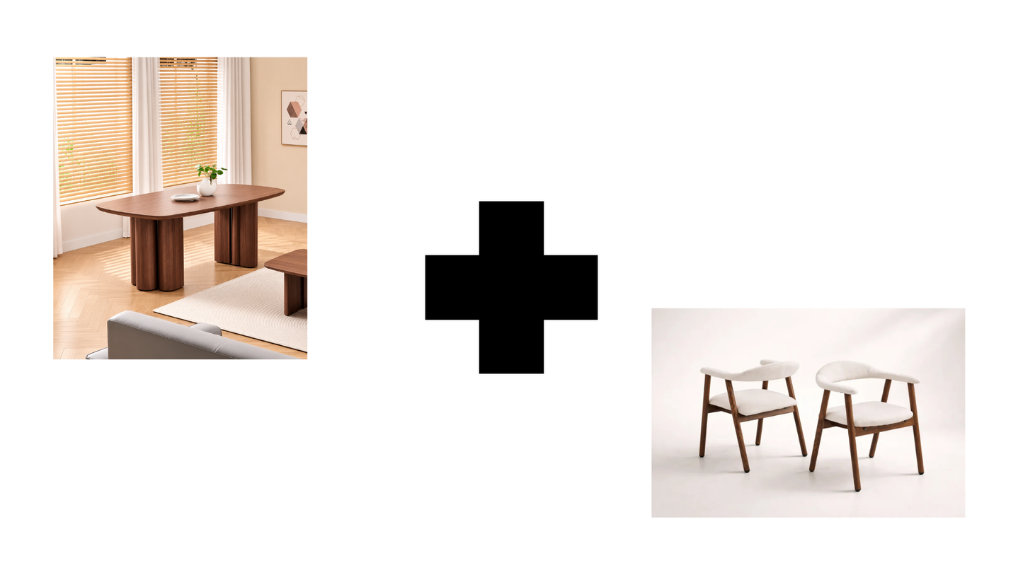 Lot table à manger Trinity effet noyer + chaises Berita effet noyer