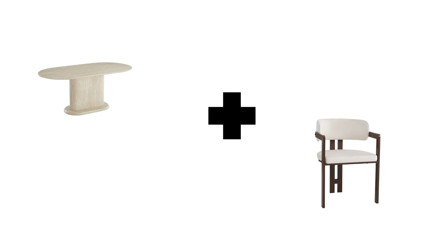 Lot table à manger Loka travertin+ chaises Mellow effet noyer