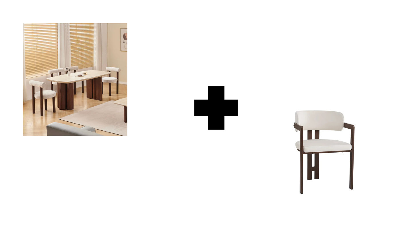 Lot table à manger Trinity effet travertin + chaises Mellow effet noyer