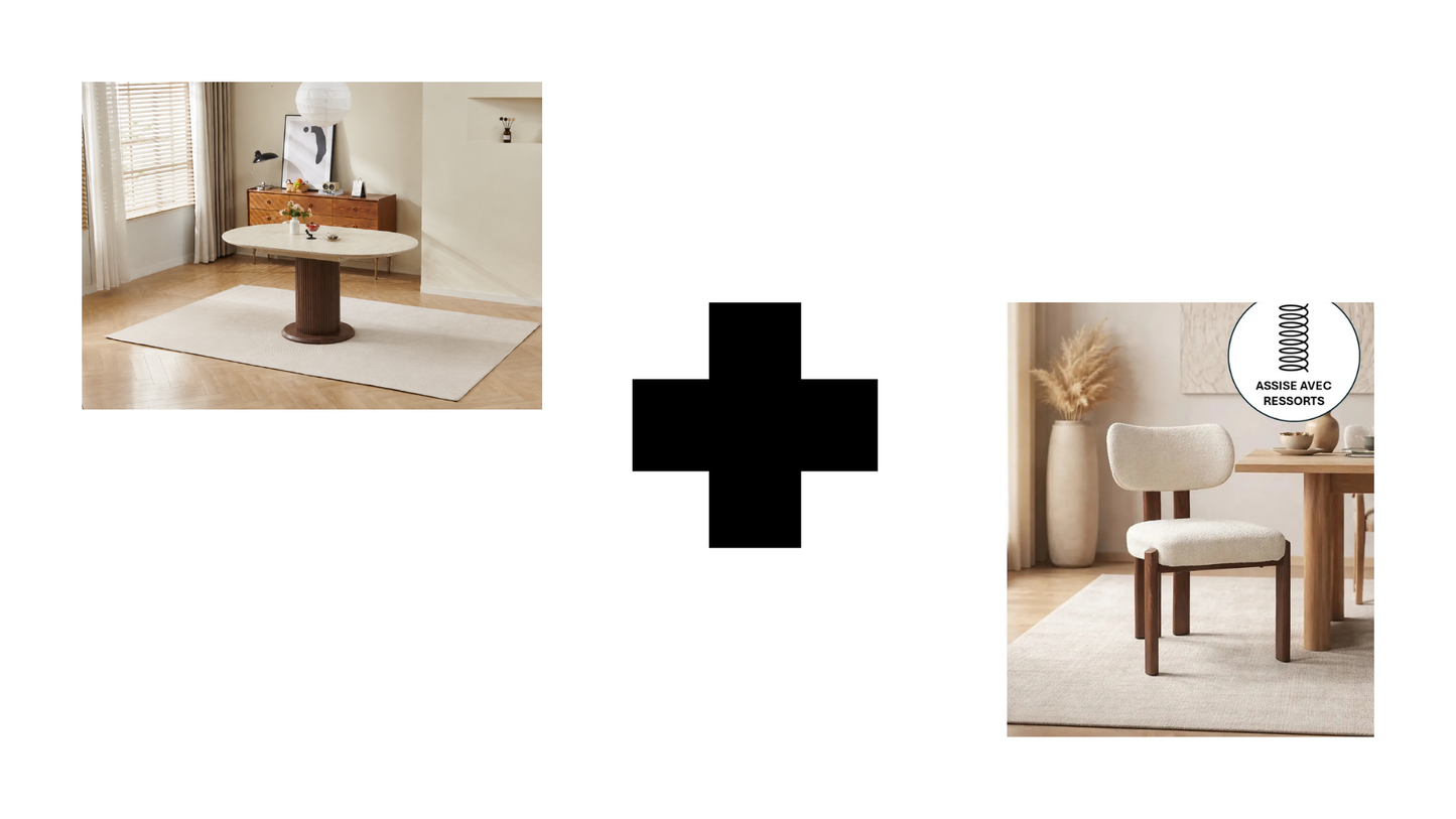 Lot table extensible Sofia travertin/ noyer + chaises Hera effet noyer