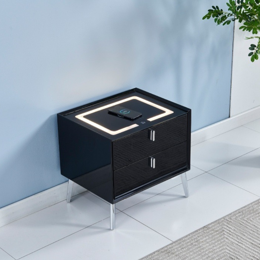 Chevet LED avec chargeur à induction noir pieds argent