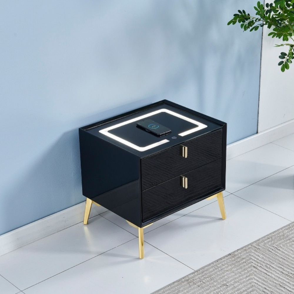 Chevet LED avec chargeur à induction noir pieds or