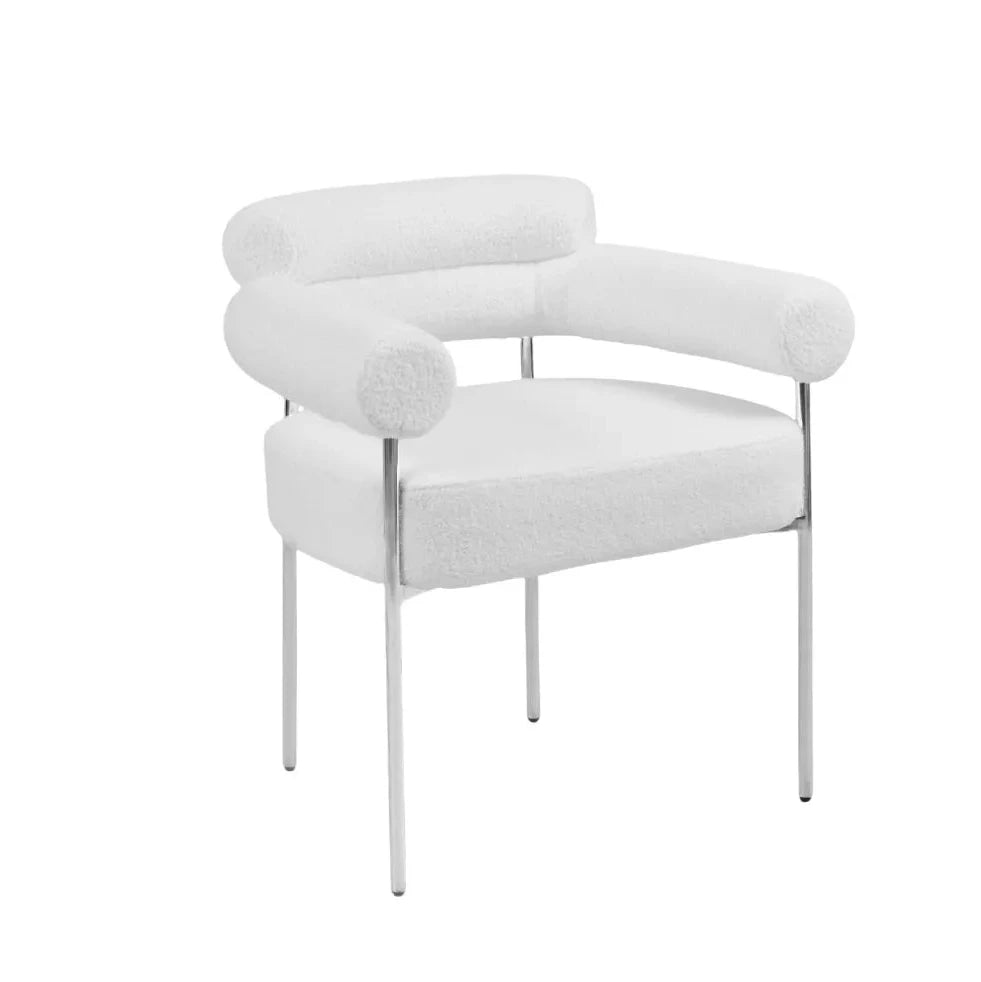 Chaise Bulle Accoudoir Structure Acier Argent laine bouclée blanche