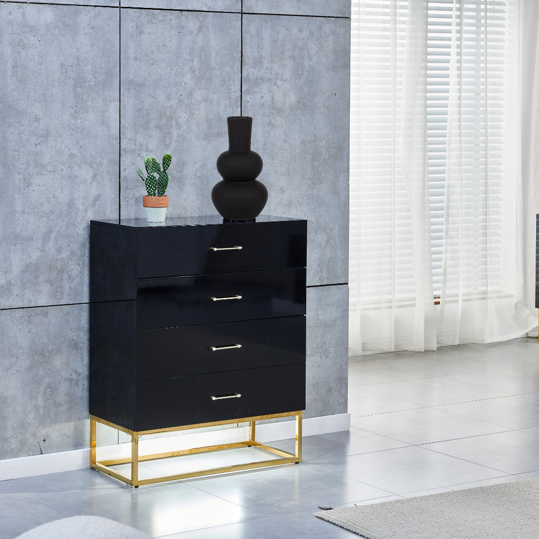 Commode Alya laque Noir pieds dore