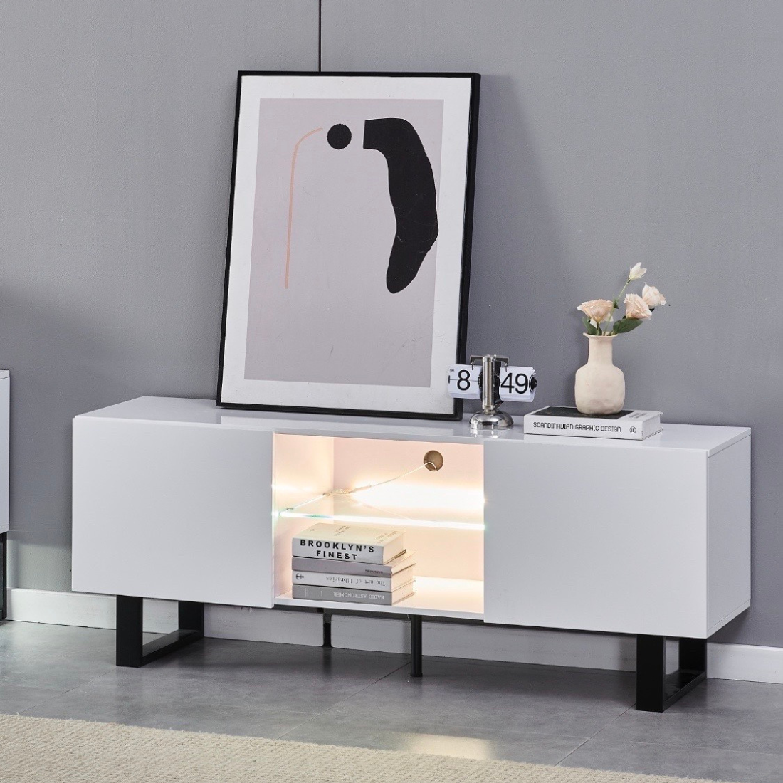 Meuble TV Alya bois laque pied noir