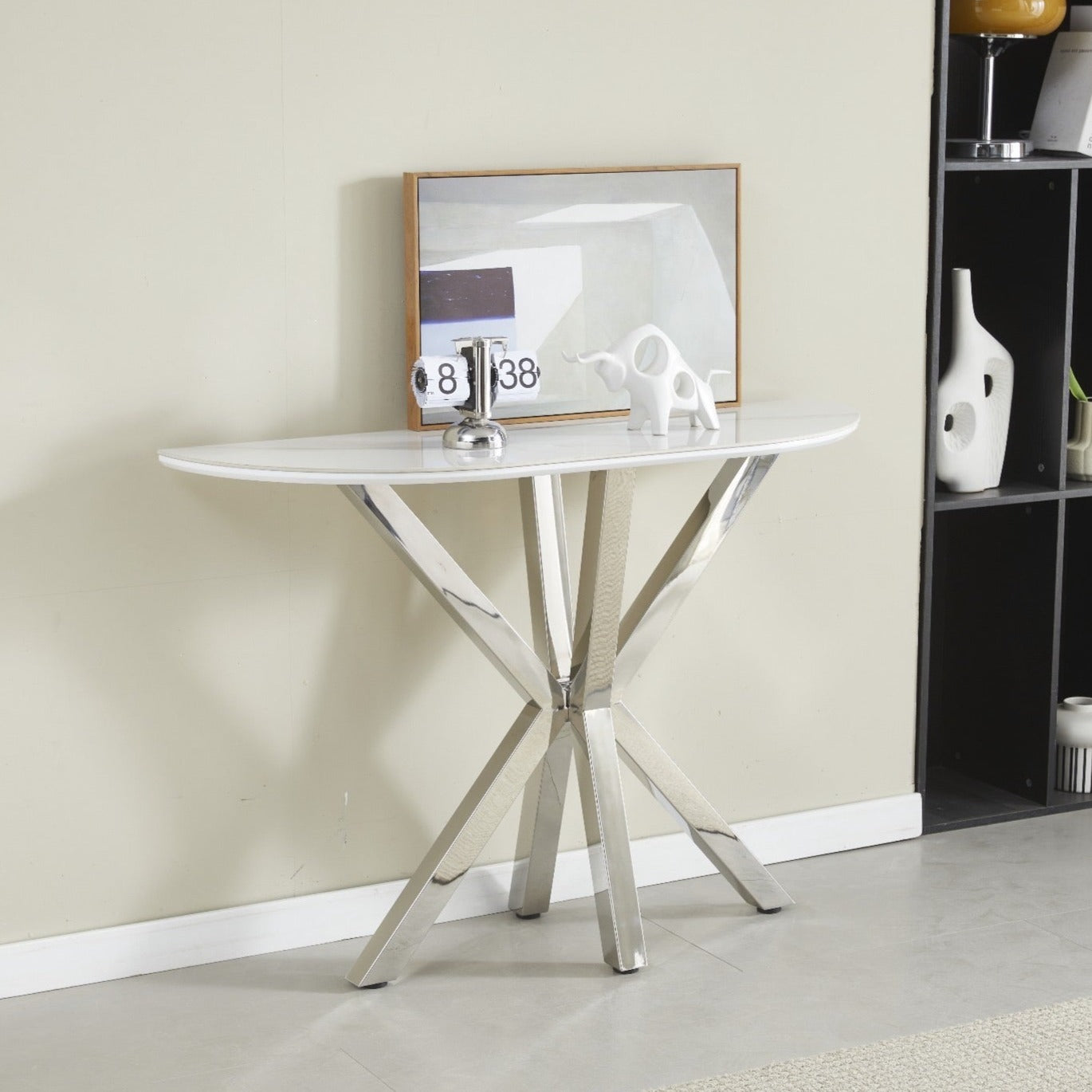 Console Ophelia Argent Plateau Céramique Marbre Blanc