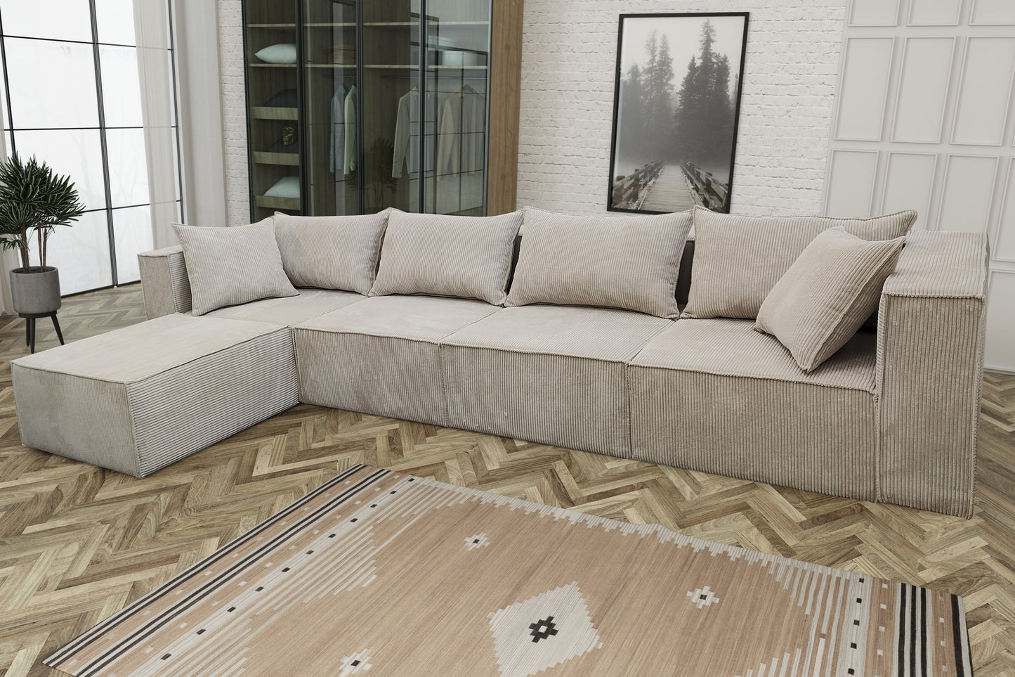 Canapé d'angle Modulo Côtelé Ecru