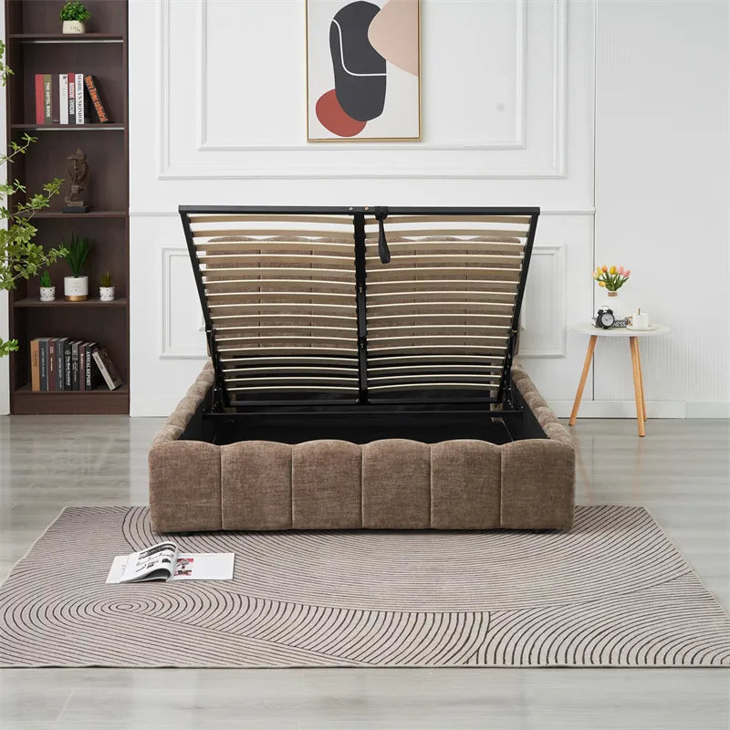 Lit coffre Moon tissu chenille Moka