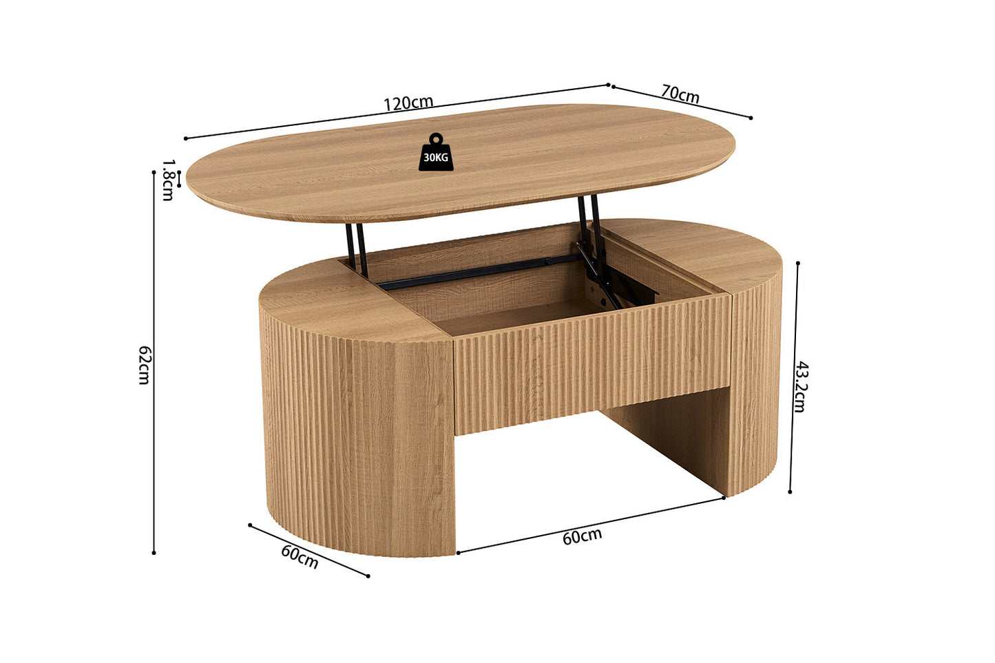Table basse Lagos 120 cm Plateau relevable Décor Chêne Naturel