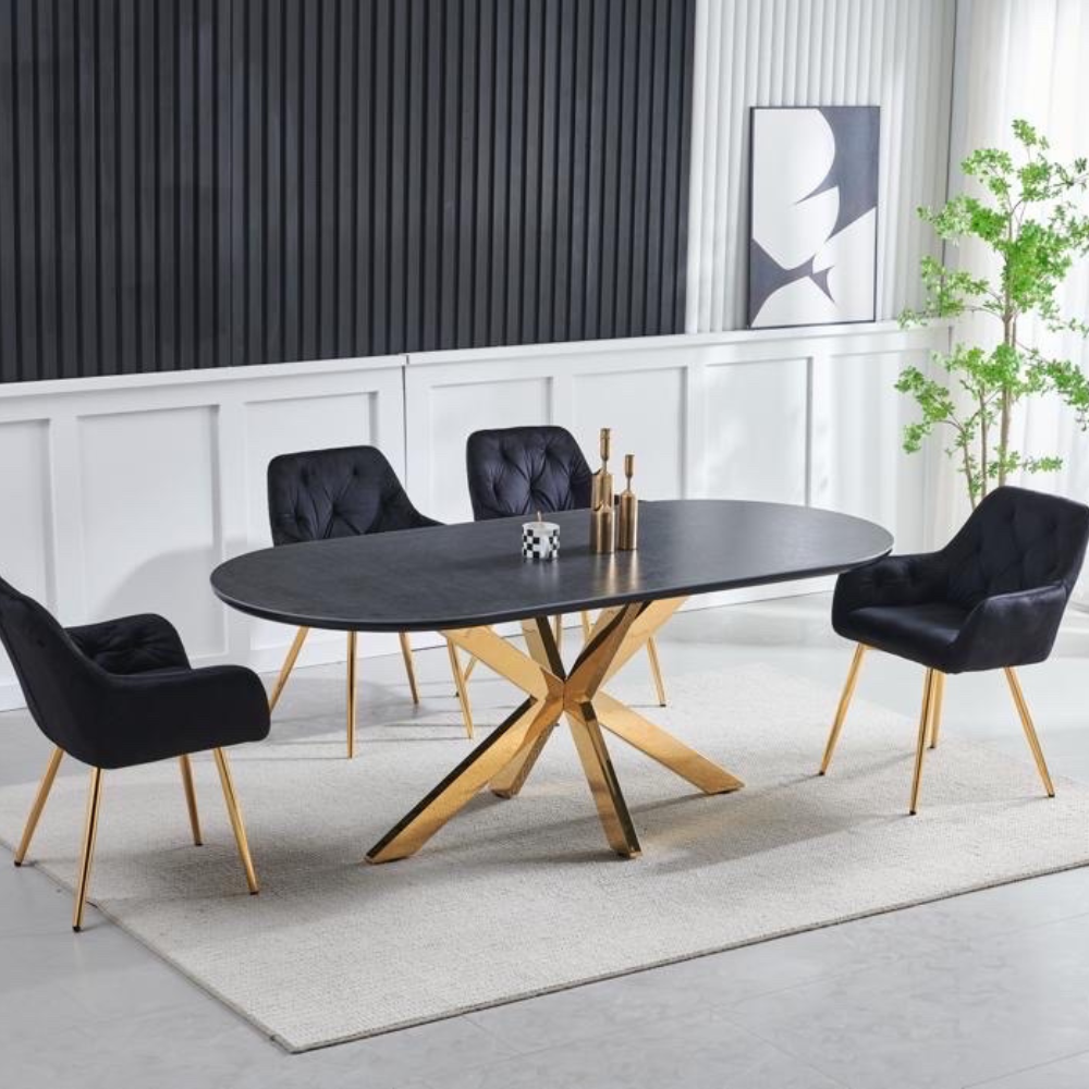 Table à manger Ophelia Or Plateau Céramique Noir