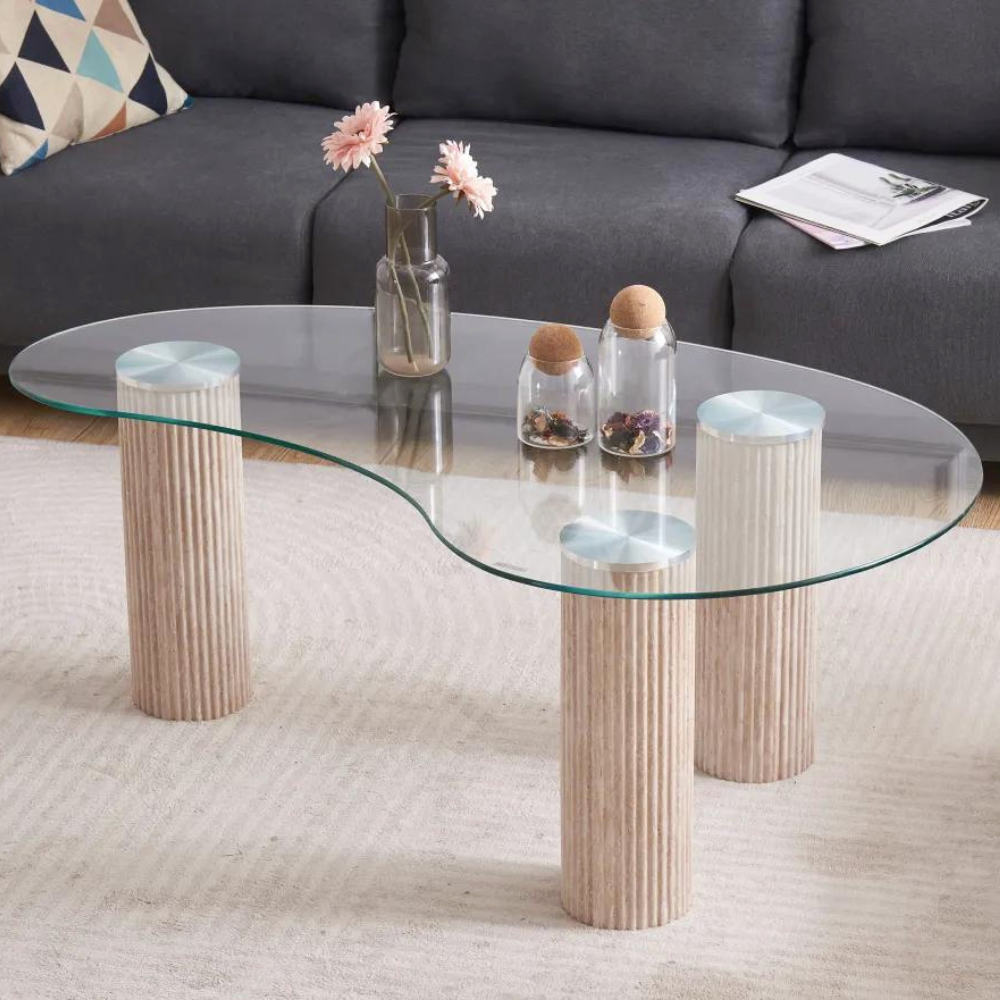 Table basse pylone verre transparent pieds beige