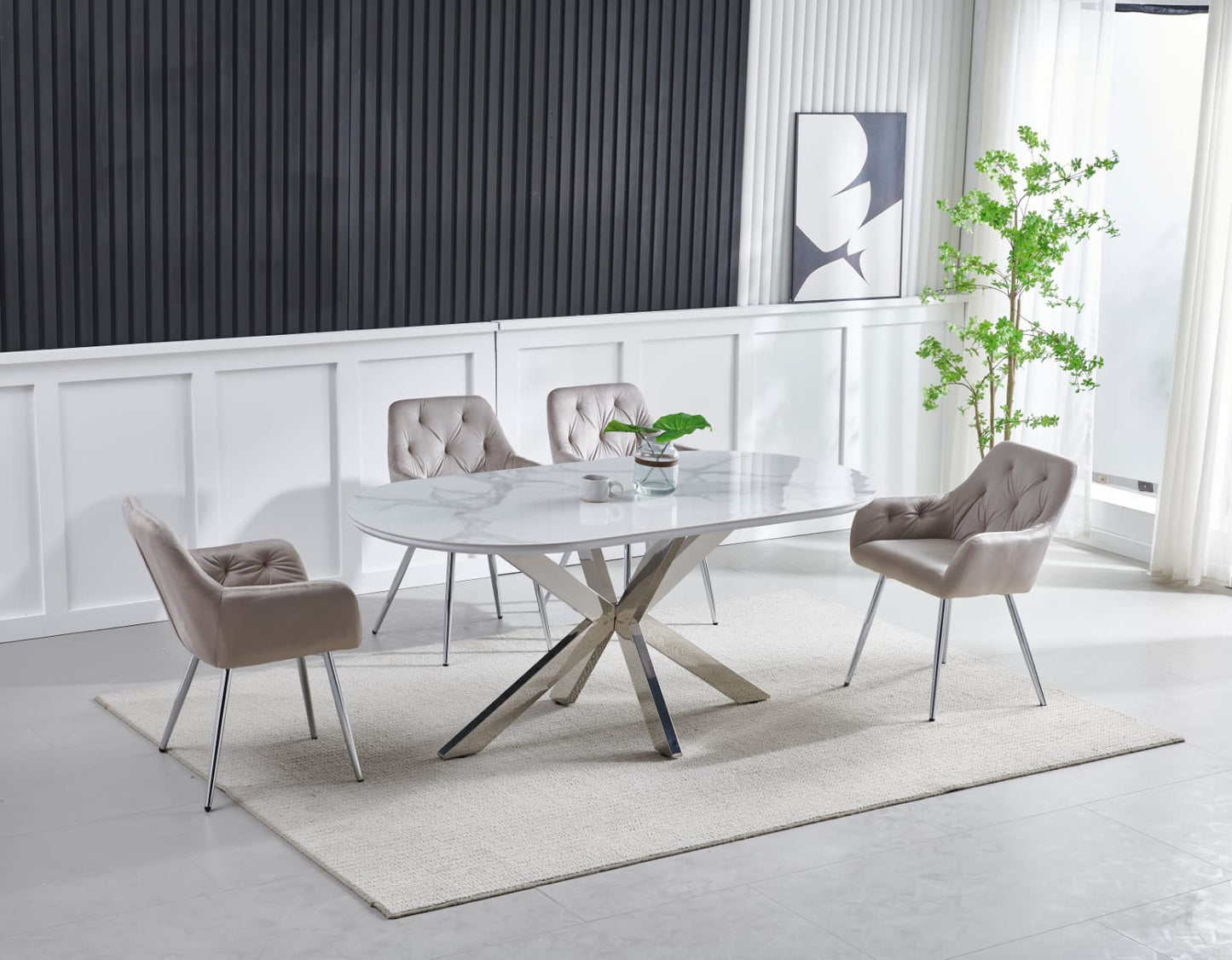 Table à manger Ophelia Argent Plateau Céramique Marbre Blanc