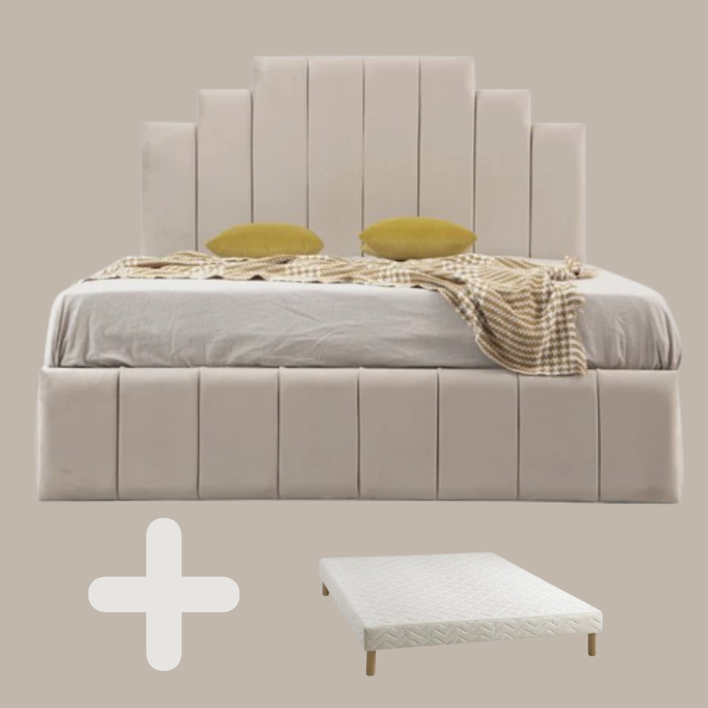 Cadre de Lit velours Beige Natura + Sommier Tapisser