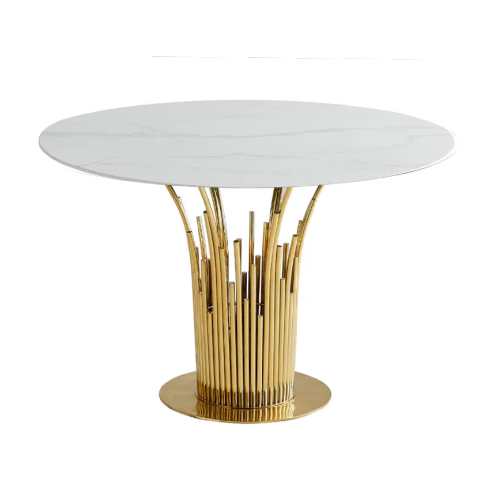 Table à manger Flute ronde Or marbre Blanc