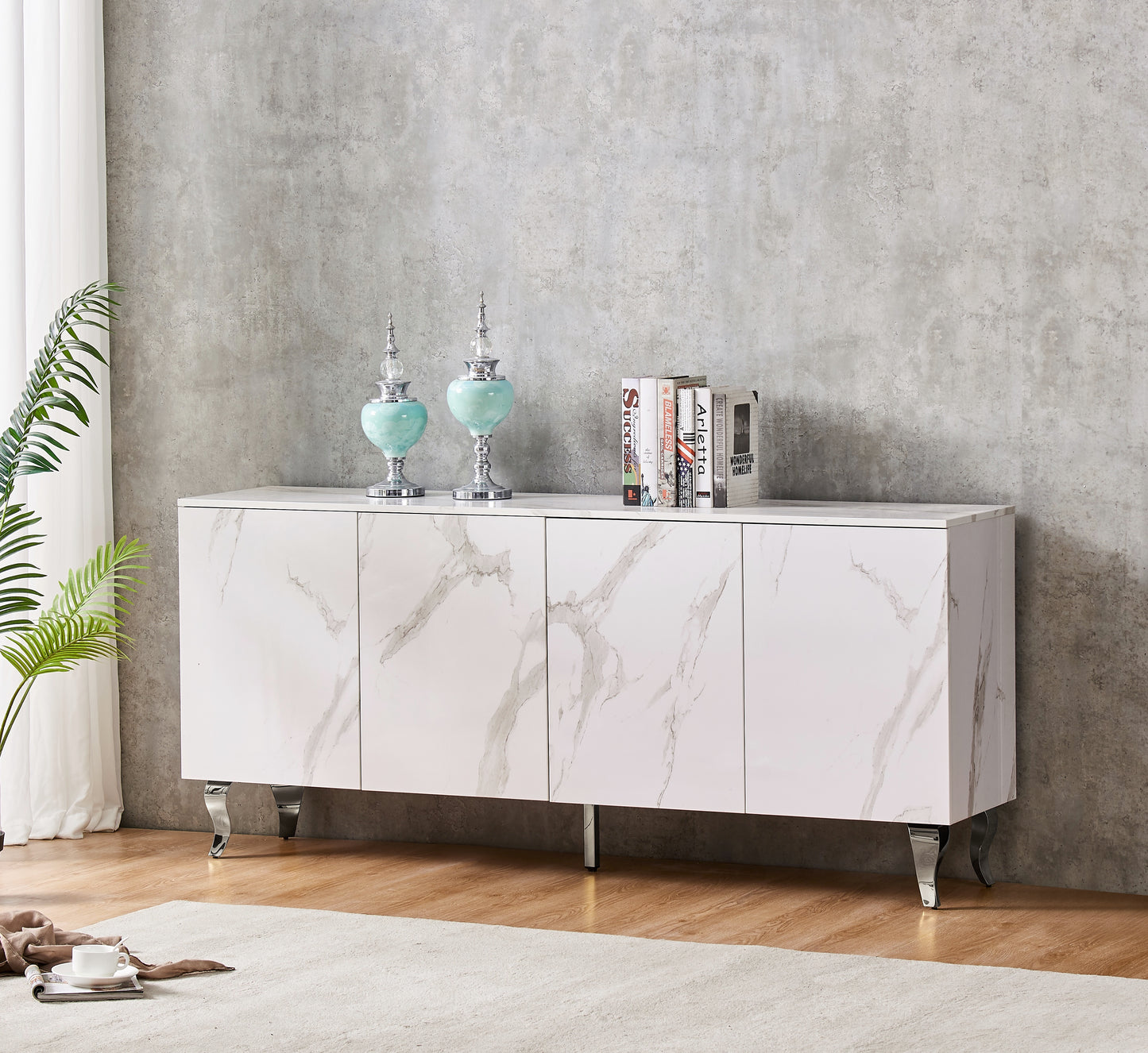 Buffet Baroque Argent marbre blanc 180 cm