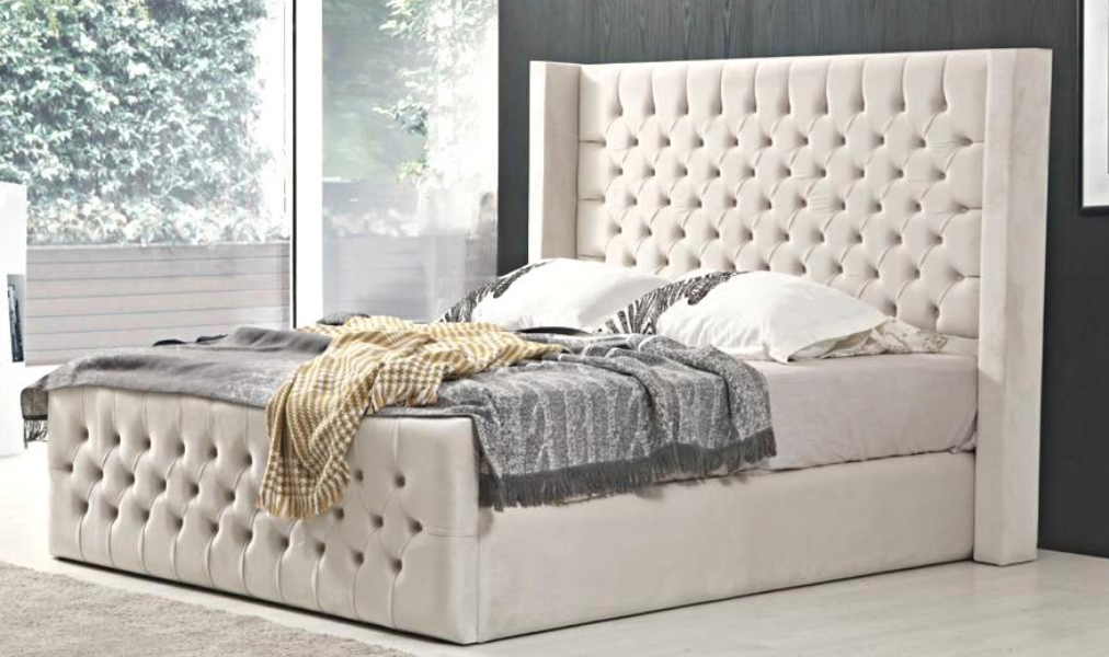 Cadre de lit velours beige capitonné Bianca