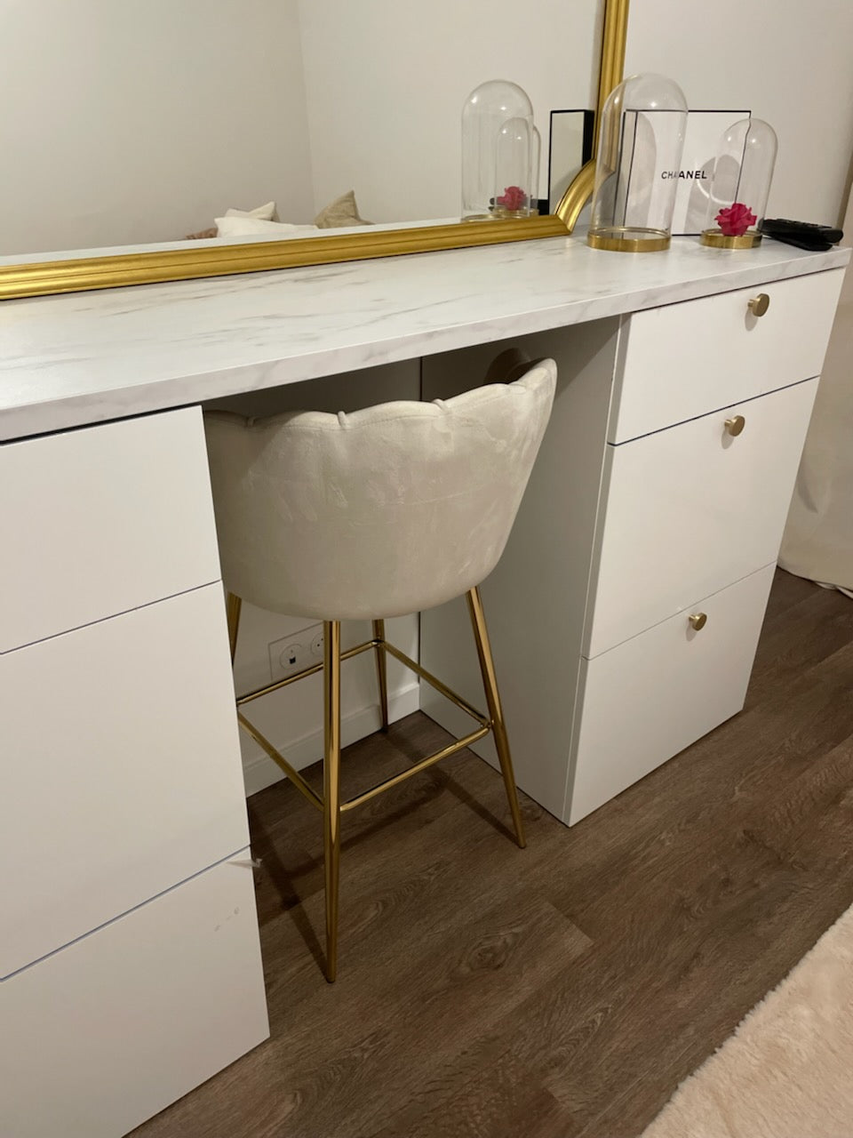 Tabouret de bar Quinconce Or velours Ecru