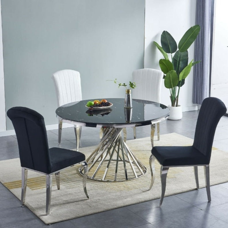 Table à manger ronde Quinconce Pieds Argent Marbre Noir