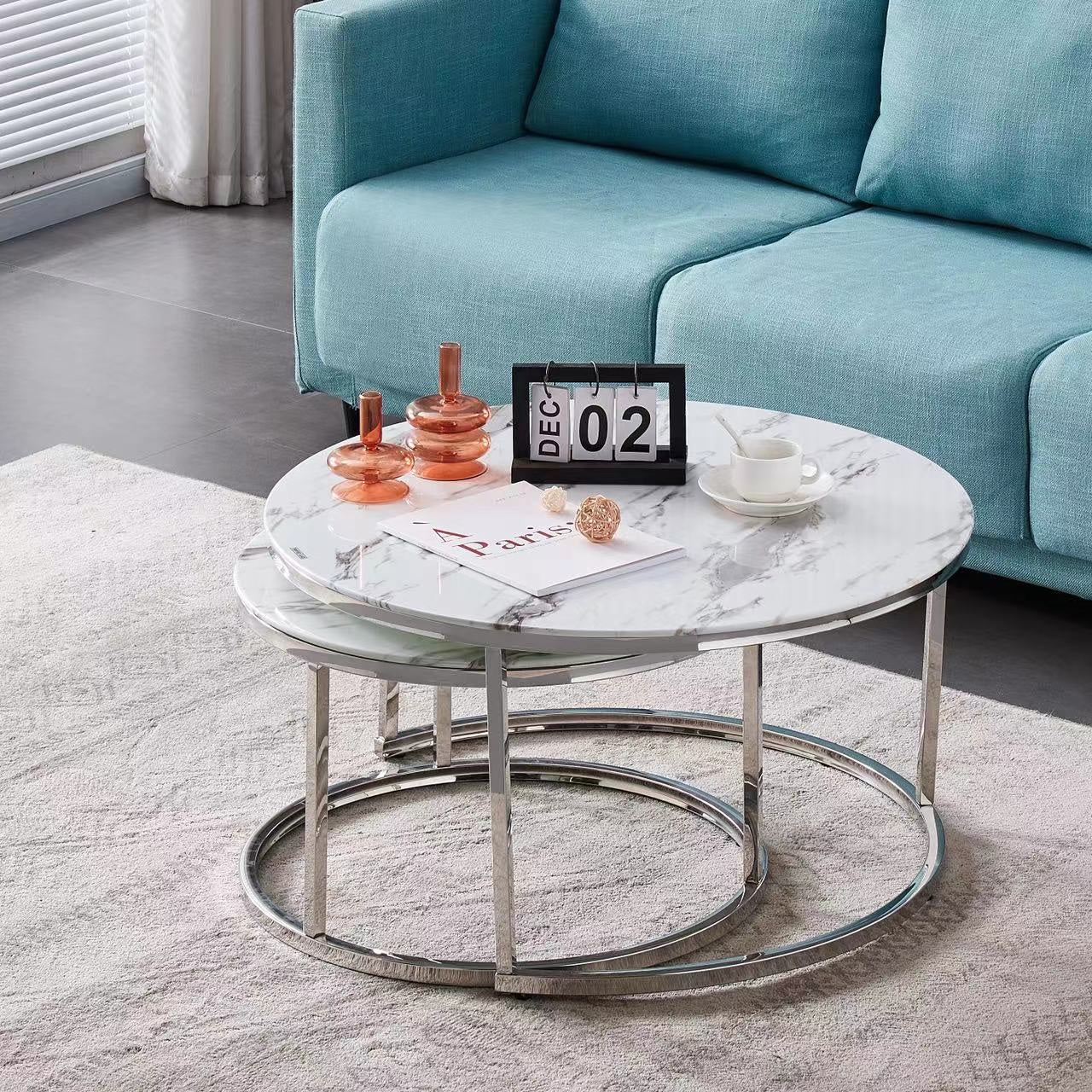 Tables gigognes Capucine Argent marbre blanc