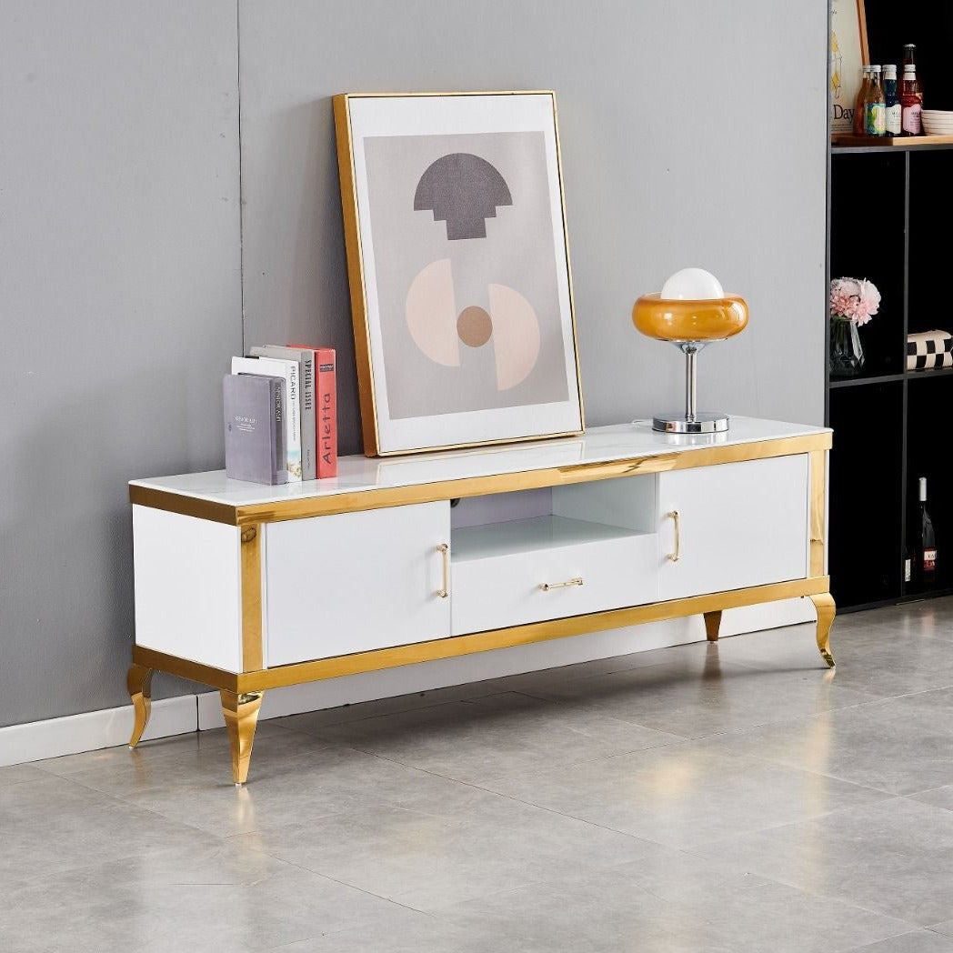 Meuble TV Nansouty Or Marbre blanc avec tiroirs