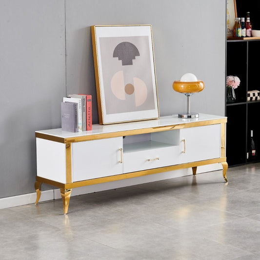 Meuble TV Nansouty Or Marbre blanc avec tiroirs