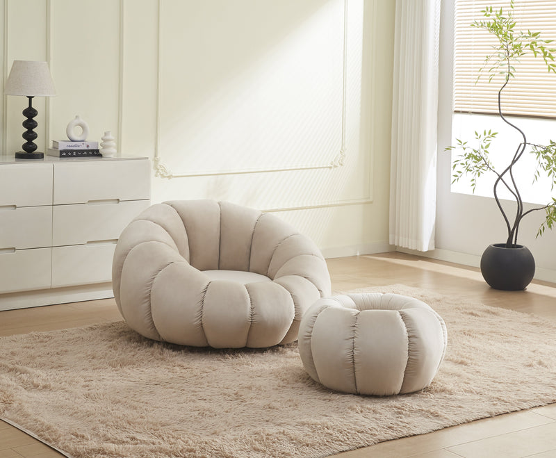 Fauteuil Perle Pivotant En Velours Beige + Pouf Repose Pied