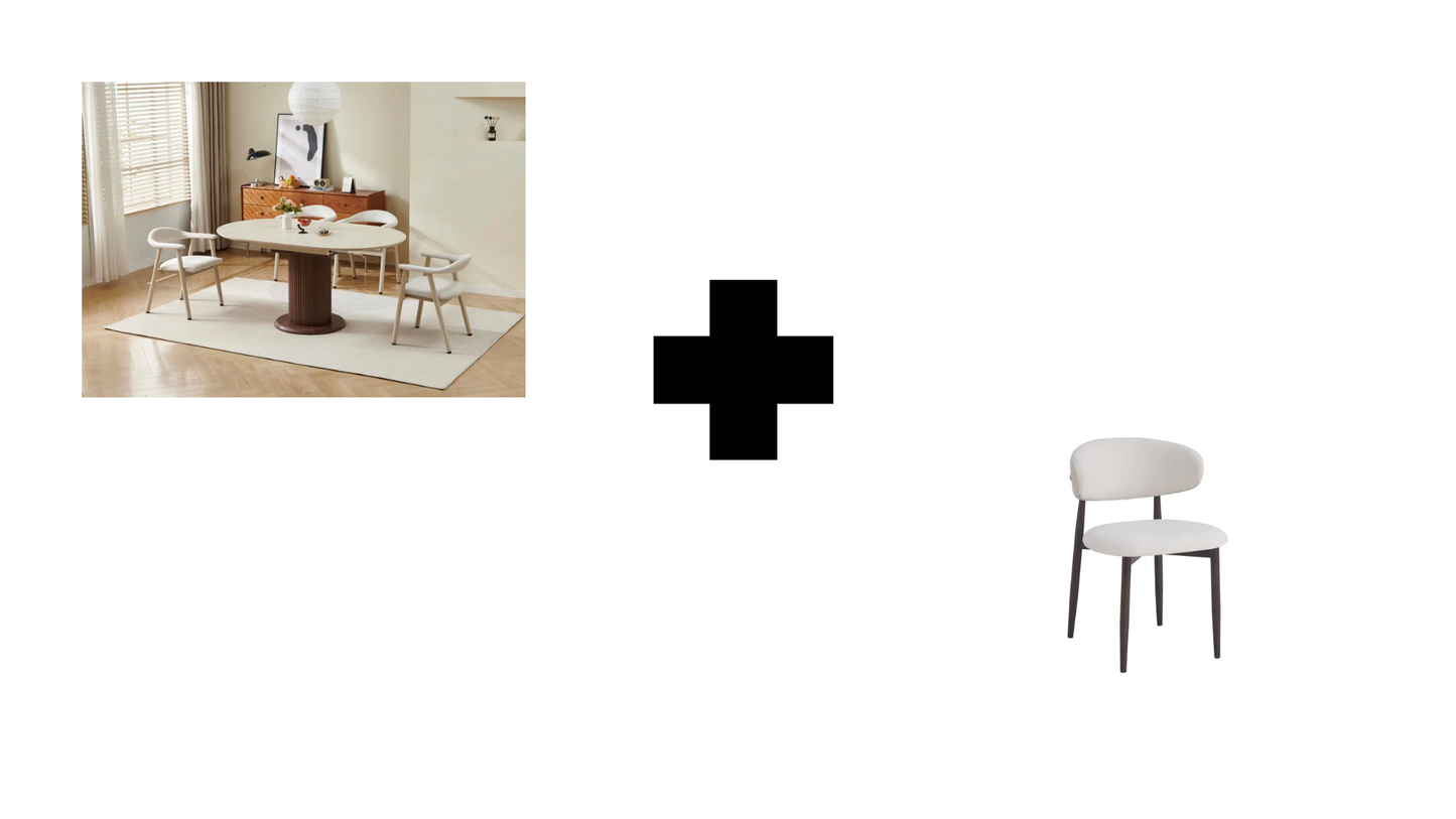 Lot table extensible Sofia travertin/ noyer + chaises Lucile effet noyer