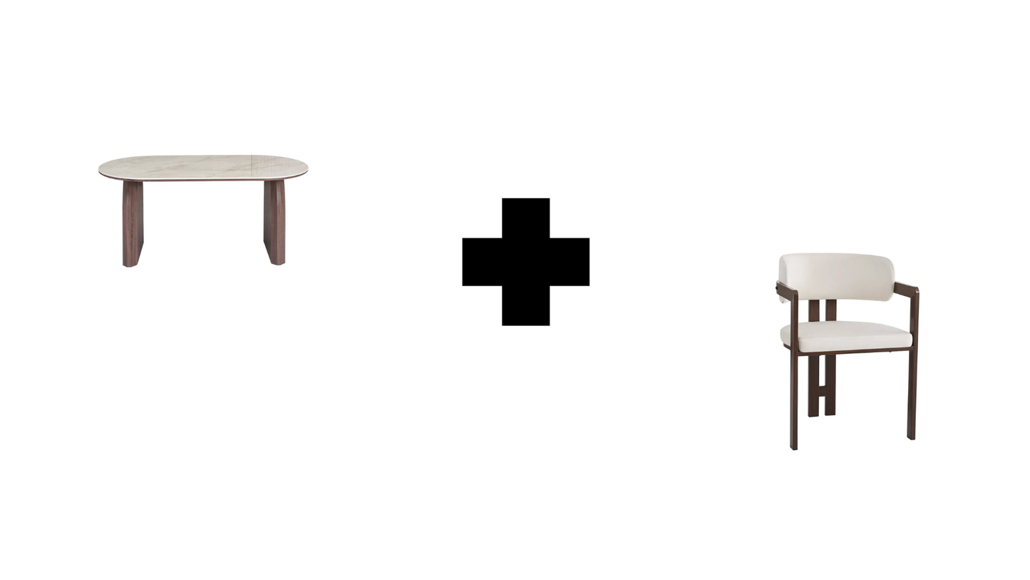 Lot table à manger Fluide + chaises Mellow chenille/ noyerc