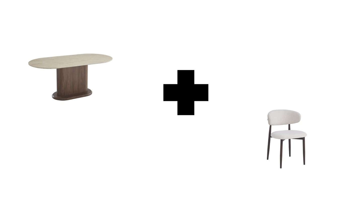 Lot table à manger Loka travertin/ noyer + chaises Lucile effet noyer
