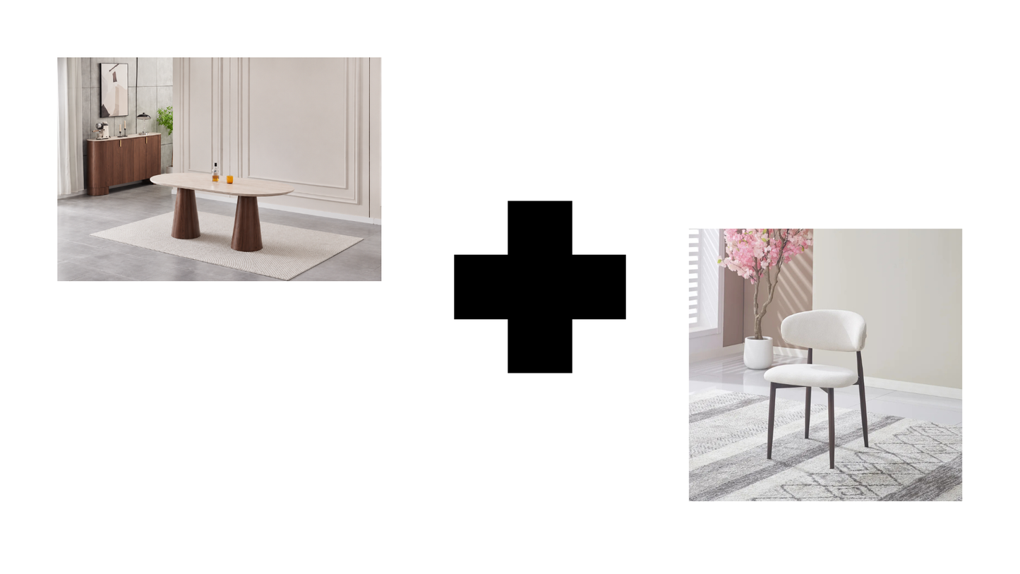 Lot table à manger Iconic 180x90cm effet travertin + chaises Lucile effet noyer