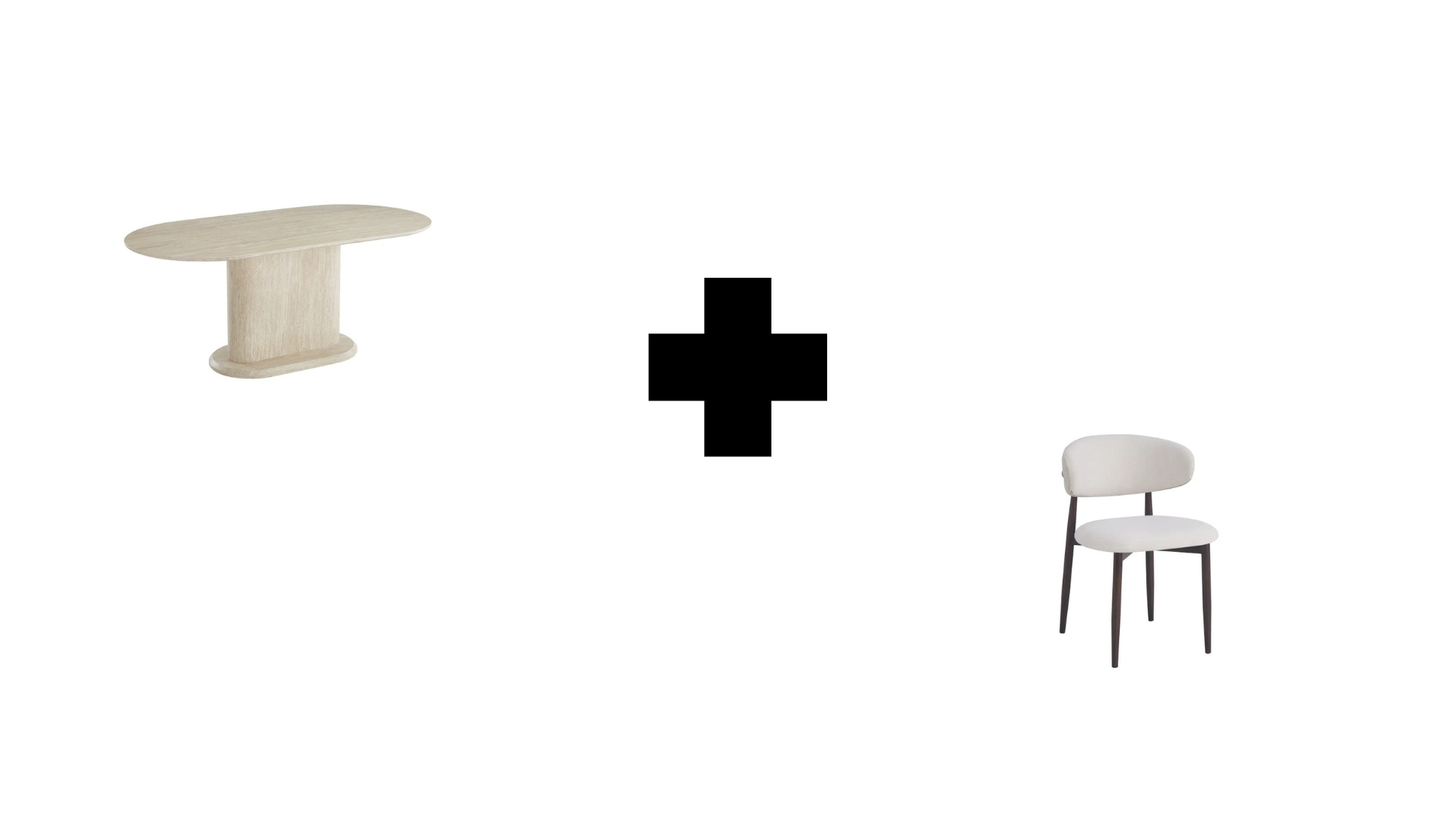 Lot table à manger Loka travertin+ chaises Lucile effet noyer