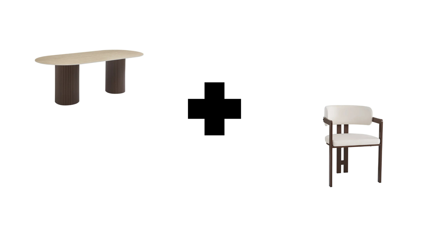 Table à manger Keysha travertin/noyer + chaises Mellow chenille/ noyer