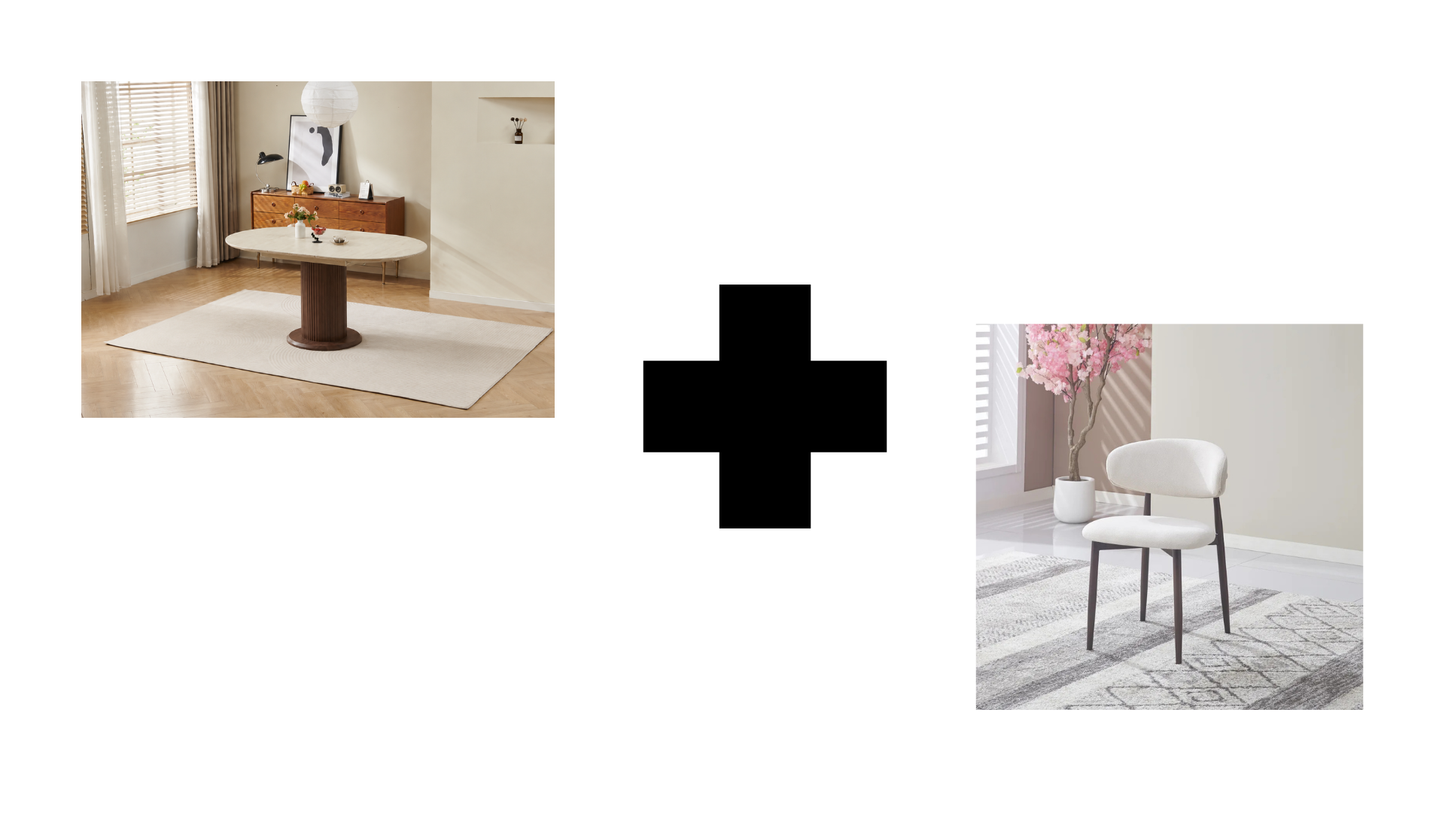 Lot table extensible Sofia travertin/ noyer + chaises Lucile effet noyer