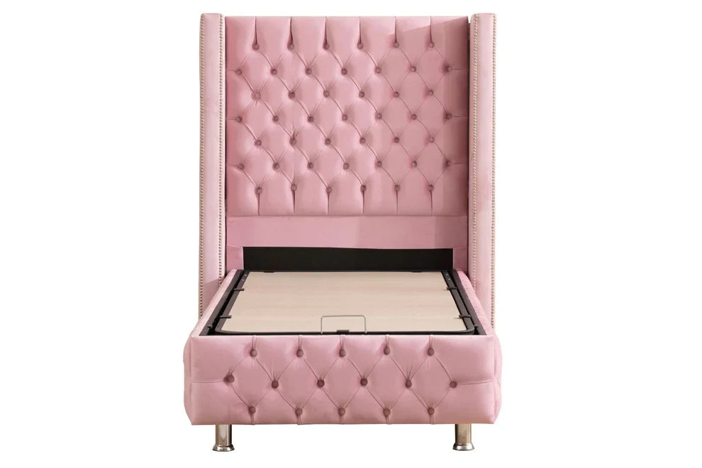 Lit Coffre Clouté Velours Rose 90x190