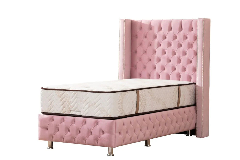 Lit Coffre Clouté Velours Rose 90x190