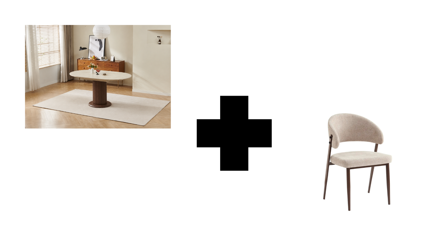 Lot table extensible Sofia travertin/ noyer + chaises Lamia effet noyer