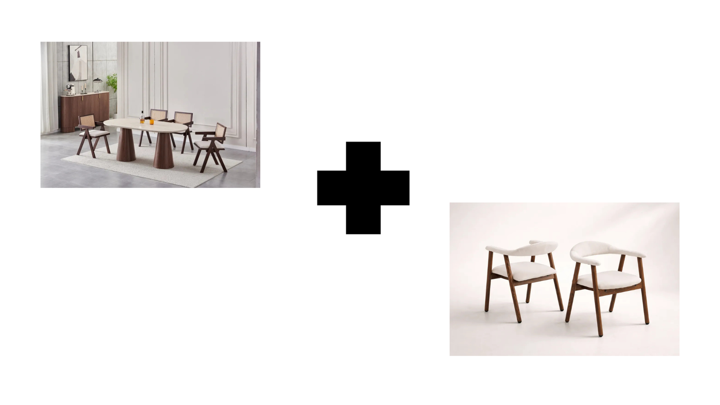 Lot table à manger Iconic 180x90cm effet travertin + chaises Berita effet noyer