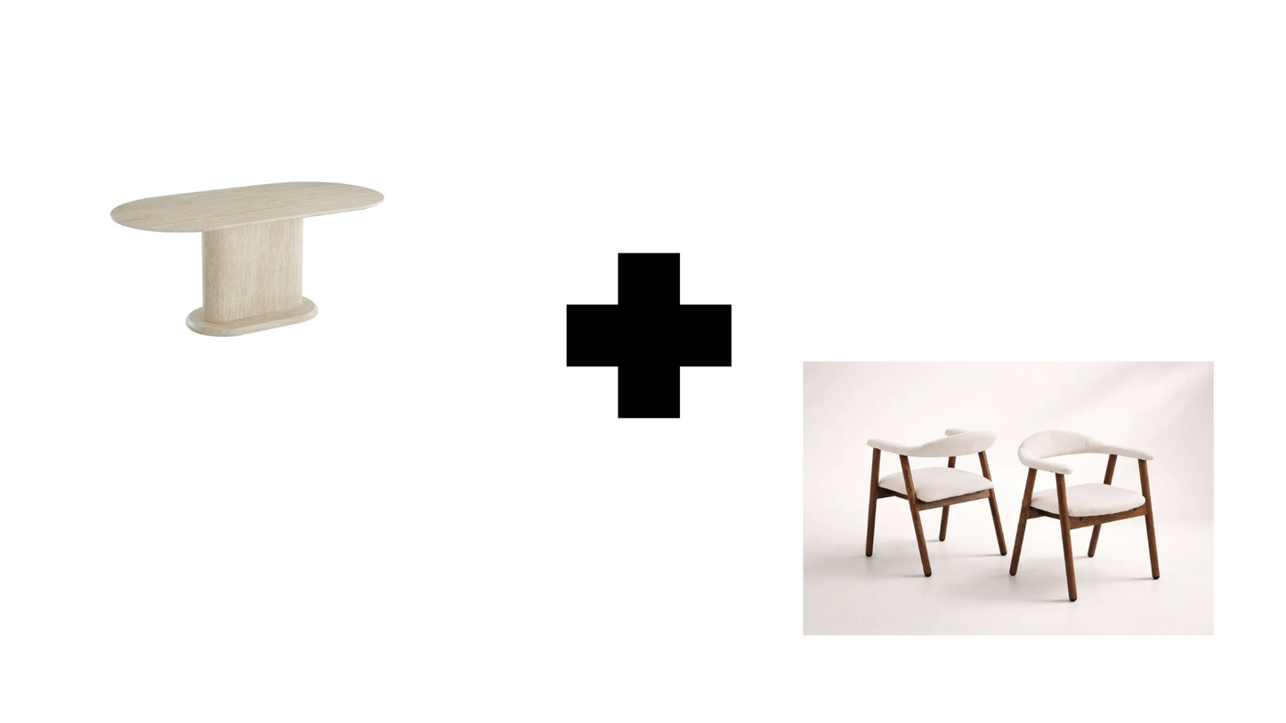 Lot table à manger Loka travertin+ chaises Berita  effet noyer