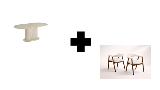 Lot table à manger Loka travertin+ chaises Berita  effet noyer